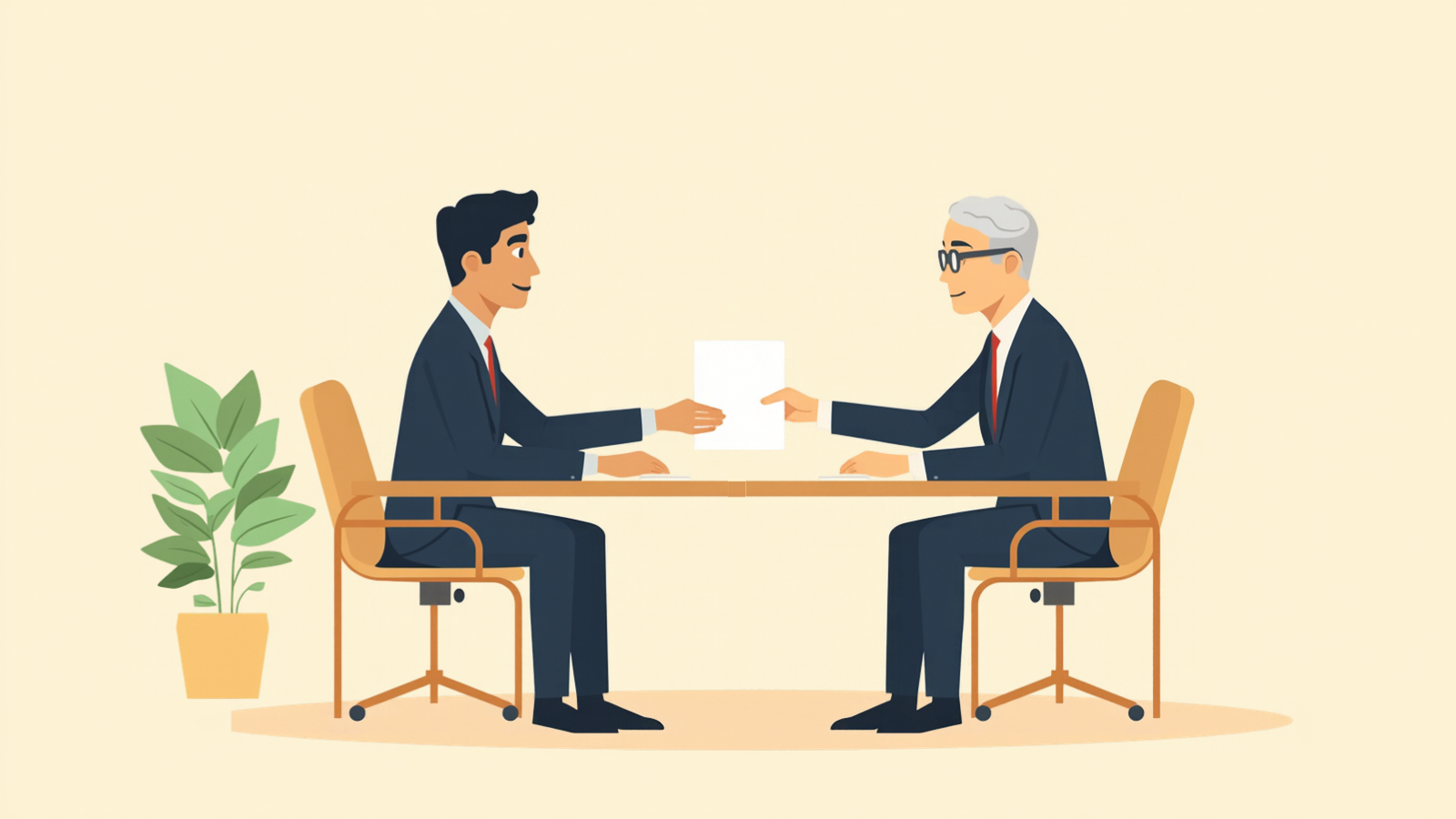 経営者と税理士が机をはさんで向かい合い、紙を1枚受け渡している