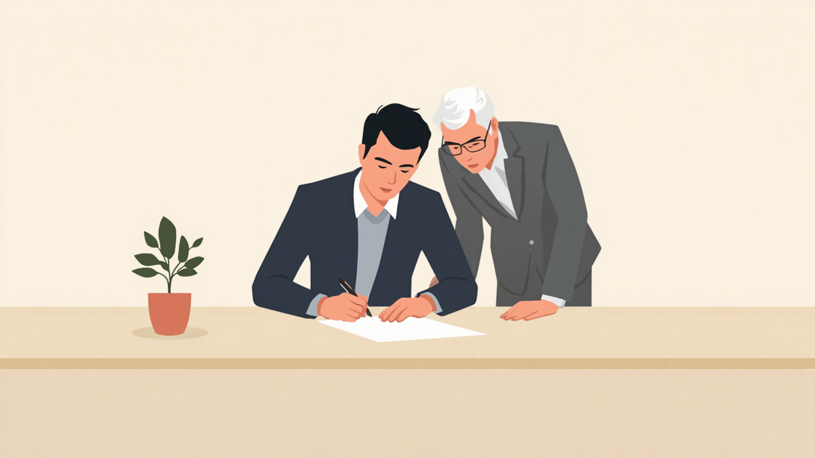 経営者が机で紙に書き込み、税理士が横に立って同じ紙をのぞき込んでいる