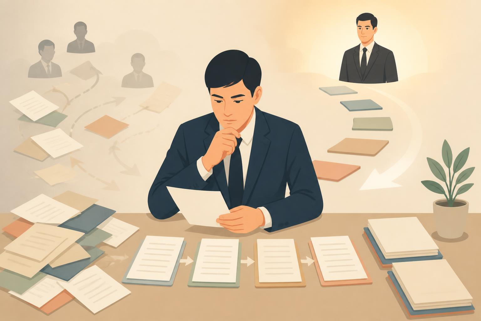 税理士探しの準備ために整理をしている経営者のイラスト
