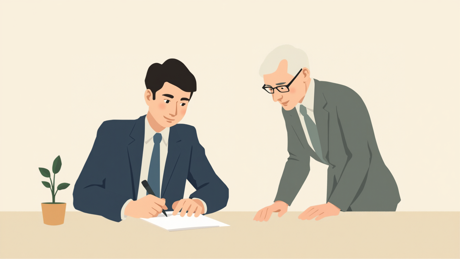 経営者が机で紙にペンで書き込み、税理士が横に立って同じ紙をのぞき込んでいる