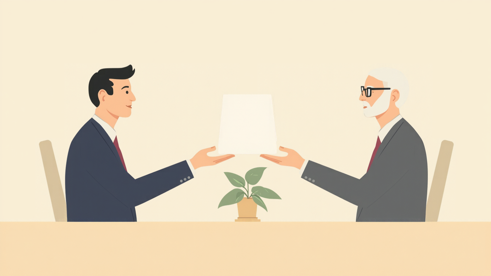 経営者と税理士が机をはさんで向かい合い、紙を1枚受け渡している