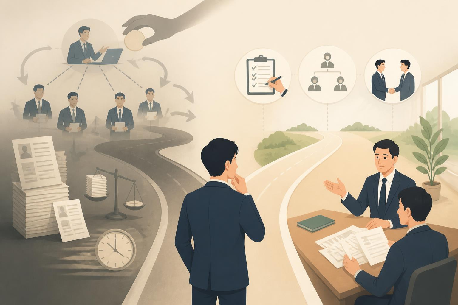 税理士紹介会社が危ないのか疑っている経営者のイラスト