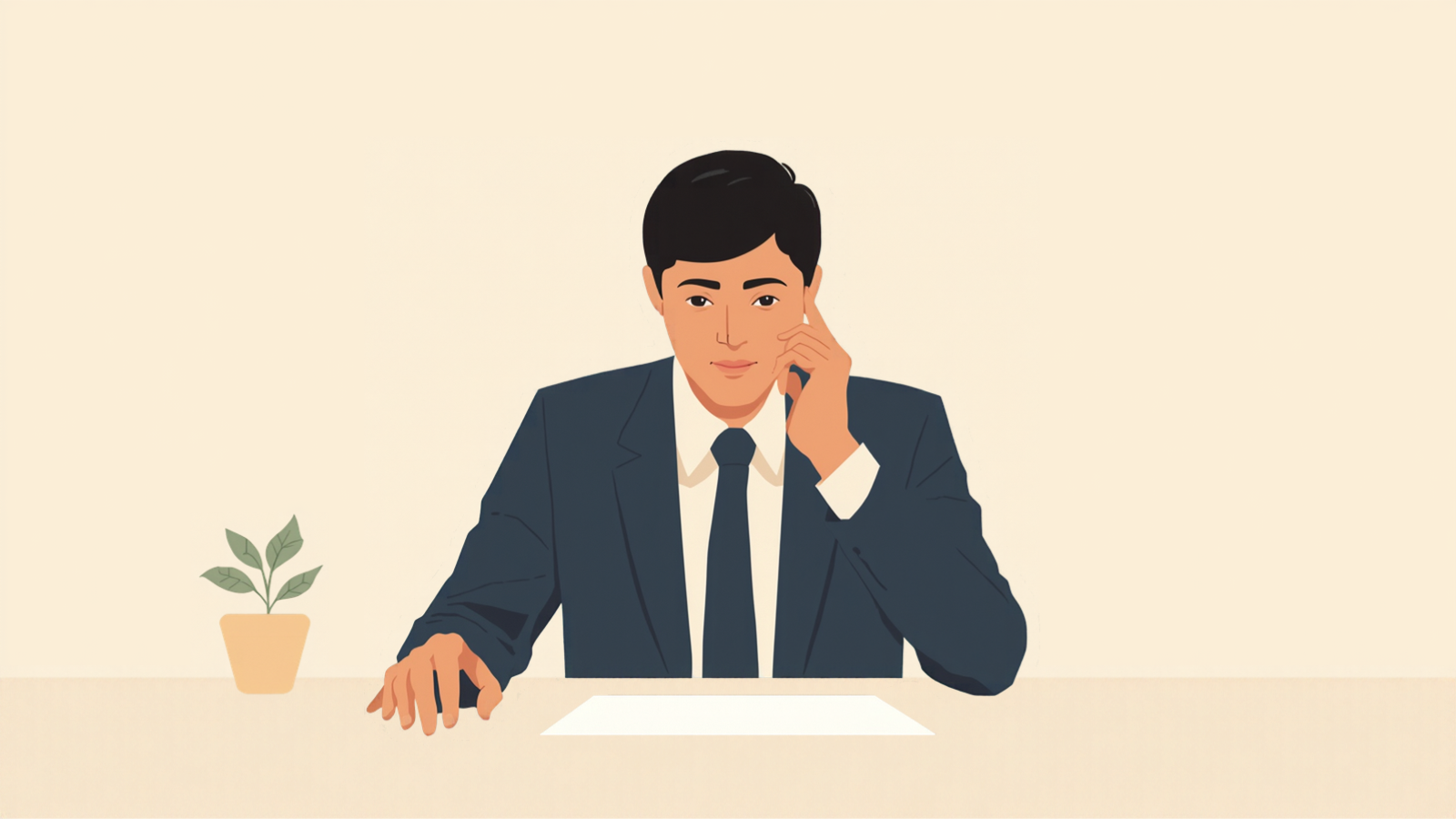 経営者が机の上の紙を前に、手を頬に添えて静かに考えている