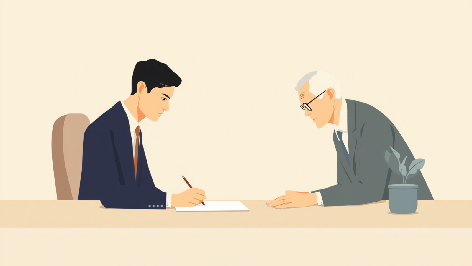 経営者が机で紙に書き込み、税理士が横に立って同じ紙をのぞき込んでいる