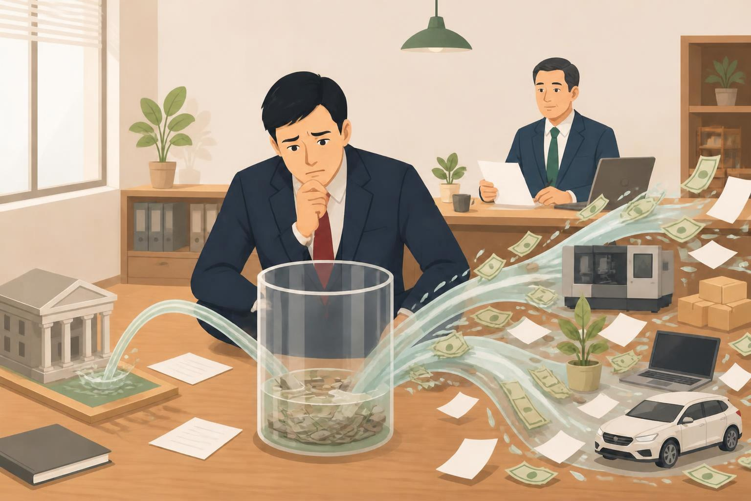 節税して納税を減らしたのに、なぜか手元のお金は増えないと悩んでいる経営者のイラスト