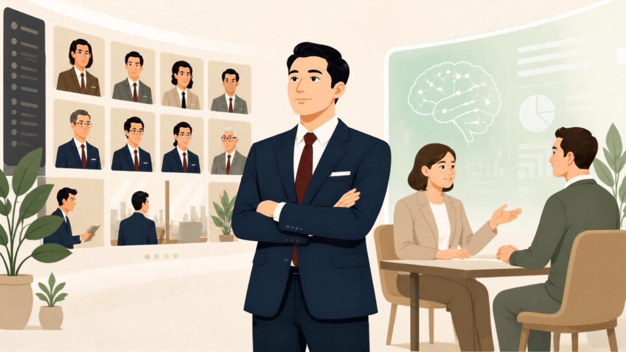 経営者が机越しに資料を差し出し、眼鏡の税理士がペンを手にそれに応えている相談場面のイラスト