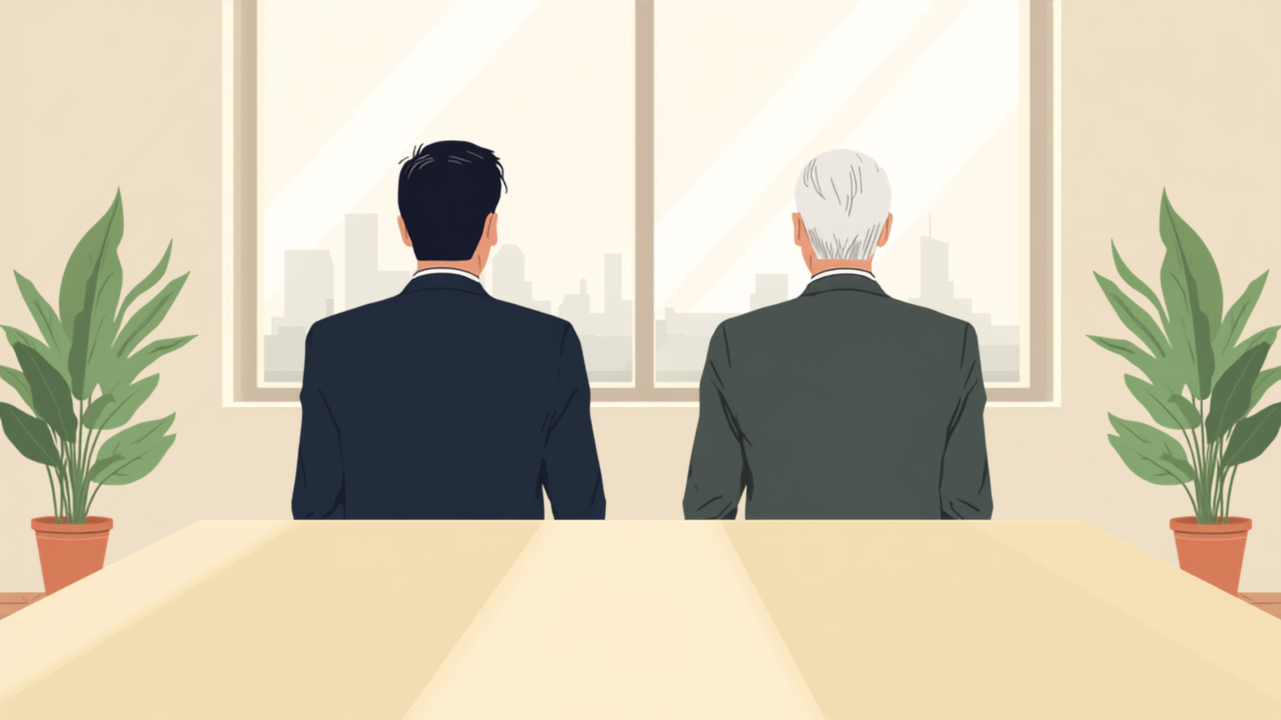 明るいオフィスで経営者と税理士が並んで座り、窓の外を見ながらこれからの計画を話し合っているイラスト