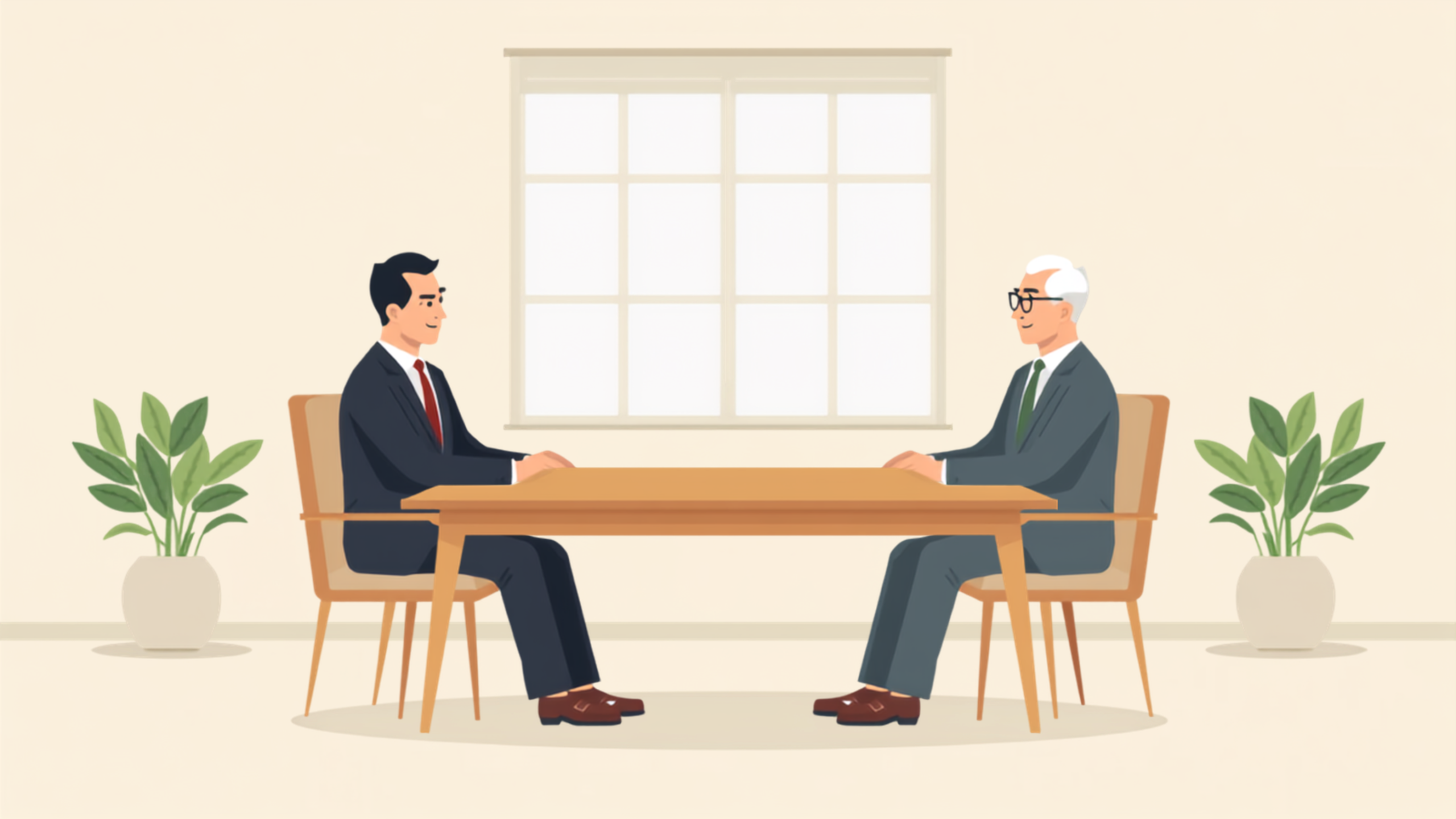 税理士と経営者が机をはさんで向き合い、壁に示された全体像の図を見ながら穏やかに話しているイラスト