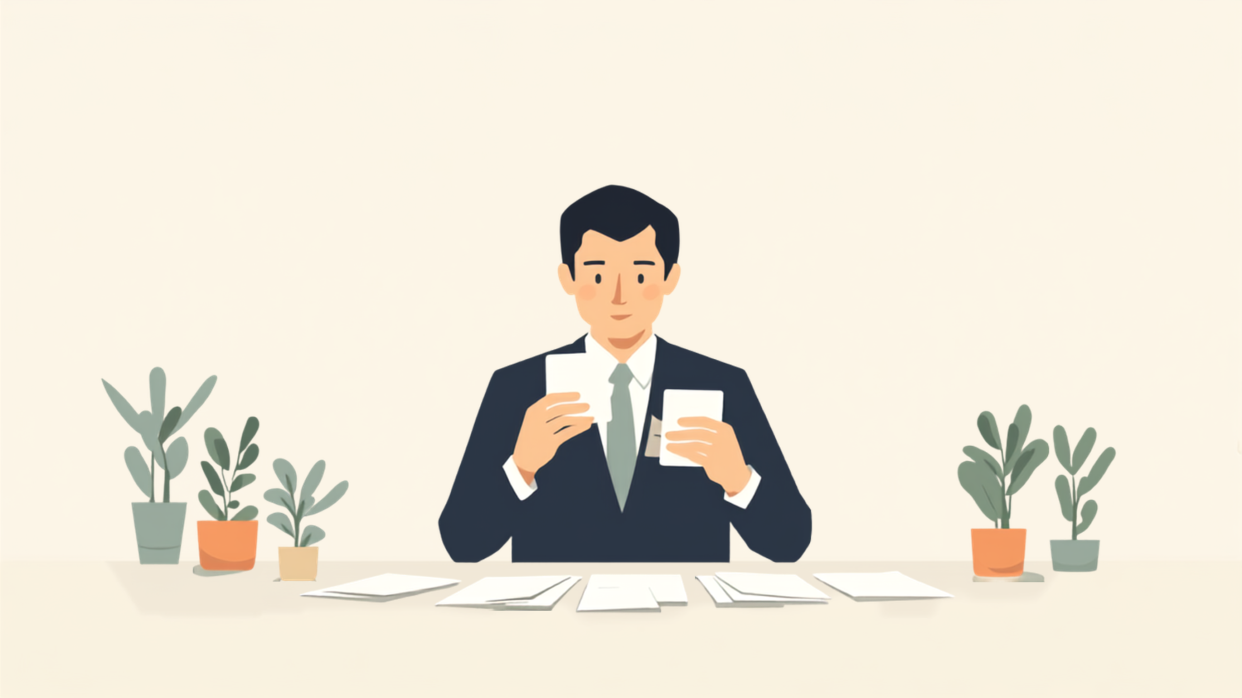 経営者が二枚のカードを見比べ、机に広げた複数の資料の中から本物を見極めようとしているイラスト