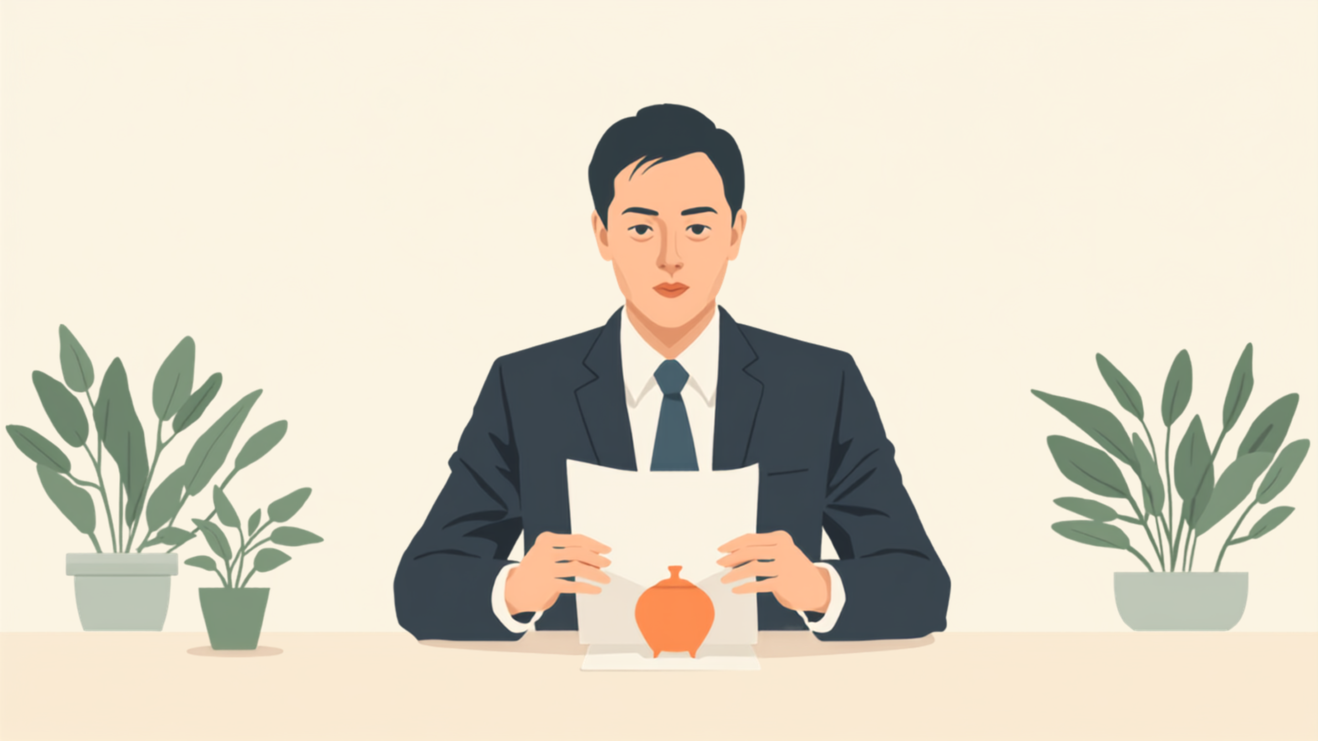 経営者が机で書類と手元の現金の器を見比べ、お金を残すか使うかを静かに考えているイラスト