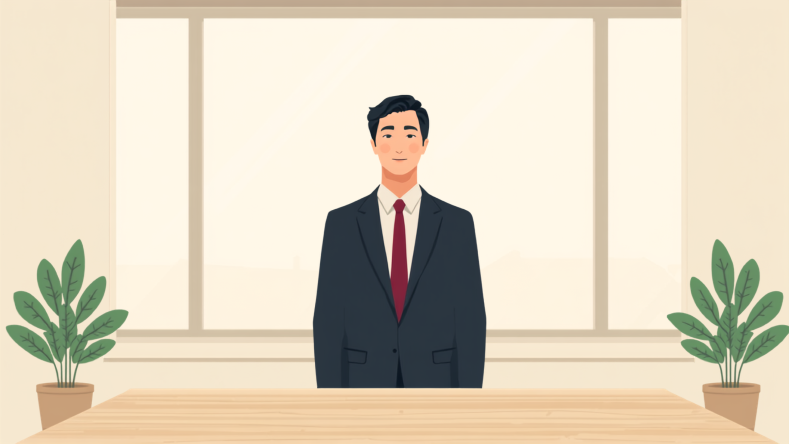 経営者が窓の外へ伸びる一本の道を眺め、自社が進む方向と速度を思い描いているイラスト