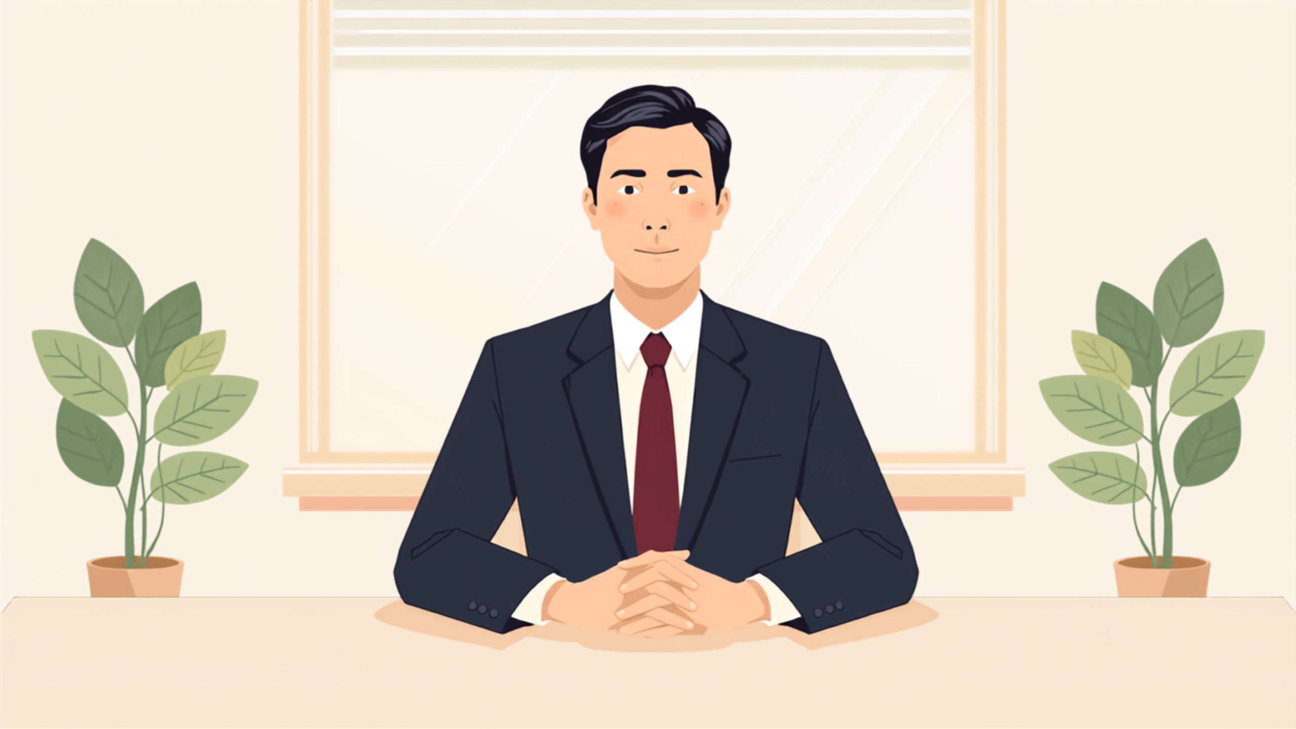 経営者が窓辺の机でノートに向かい、自社の方向と速度を静かに整理しているイラスト