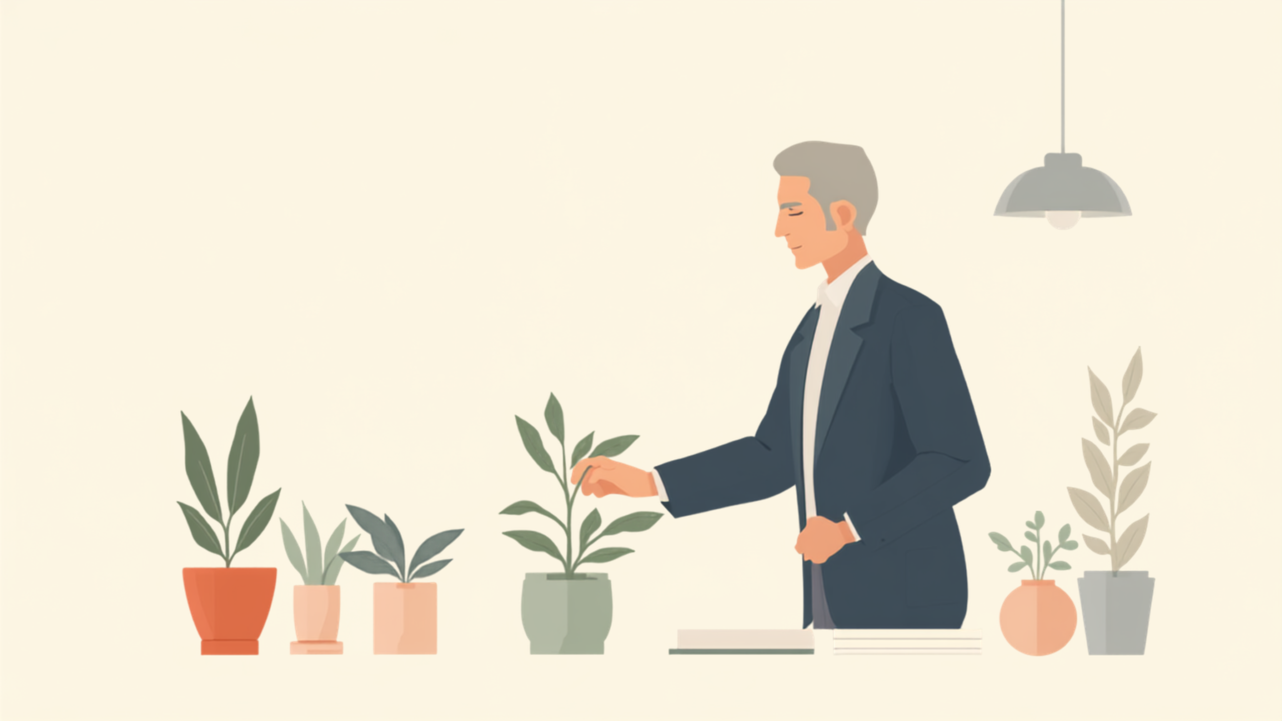 経営者が机の傍らで、育てている鉢植えの若い葉にそっと手を添え、静かに気を配っているイラスト