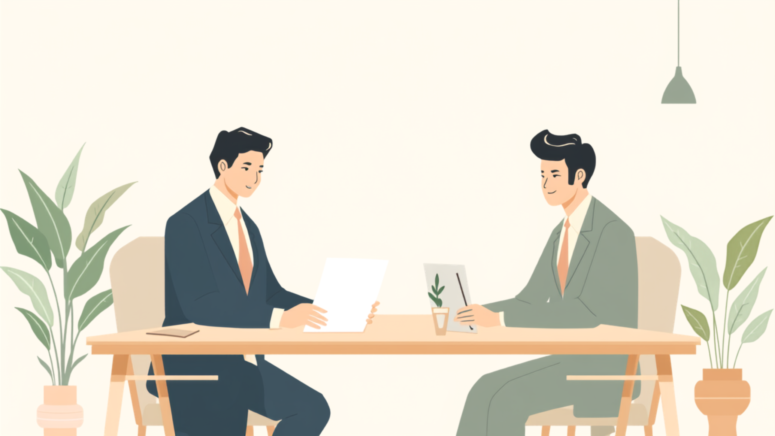 税理士が机の上の資料に手を添えて経営者へ向け、穏やかに問いかけているイラスト ・留意:責める空気を出さない構図