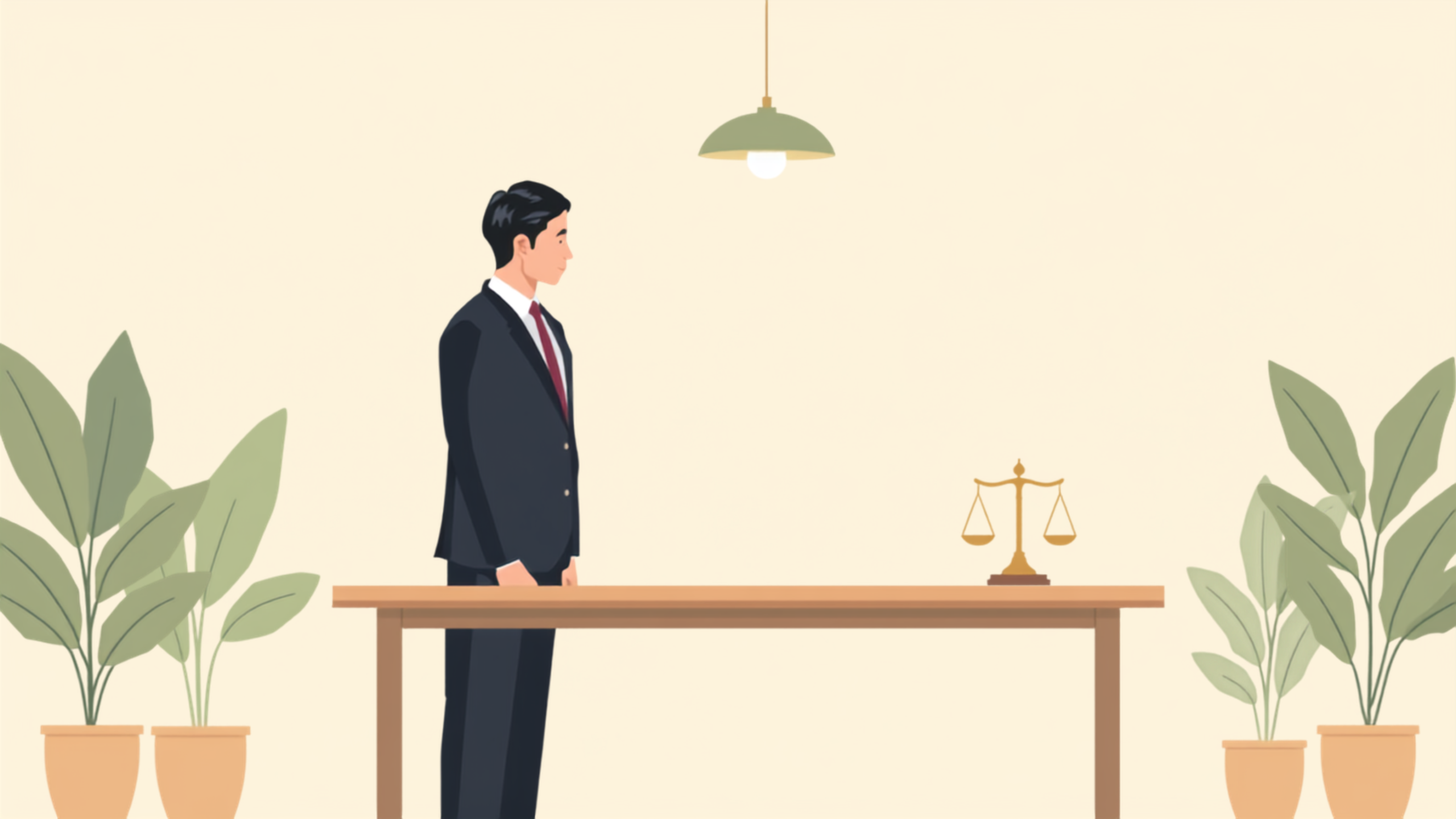 経営者が机の傍に立ち、机上の小さな天秤に目をやりながら、次の一歩へ向かって落ち着いている静かなイラスト