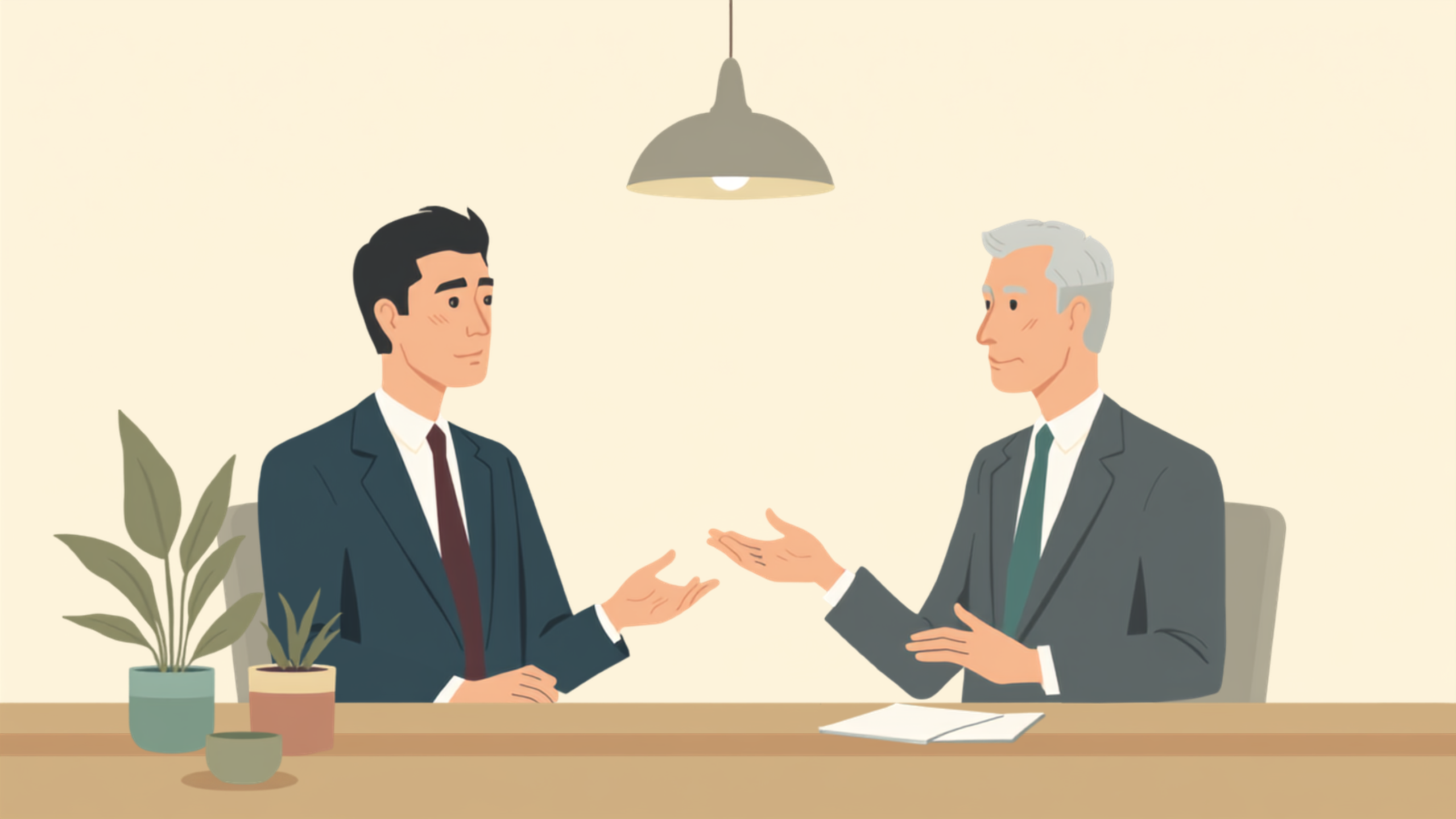 年配の税理士が机ごしに手を差し伸べて進む方向を示し、経営者がそれを受けている穏やかなイラスト