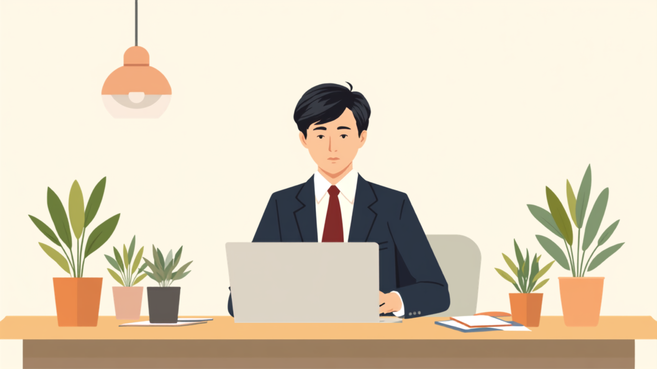 片づいた机に向かう経営者が、整った手元を前に次の一歩へ向かって落ち着いているイラスト
