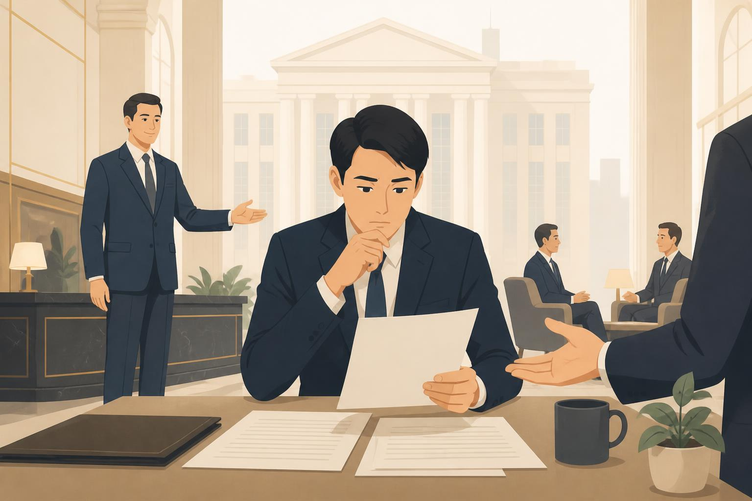 大手だからと無条件に安心してリスクに気付いていない経営者のイラスト