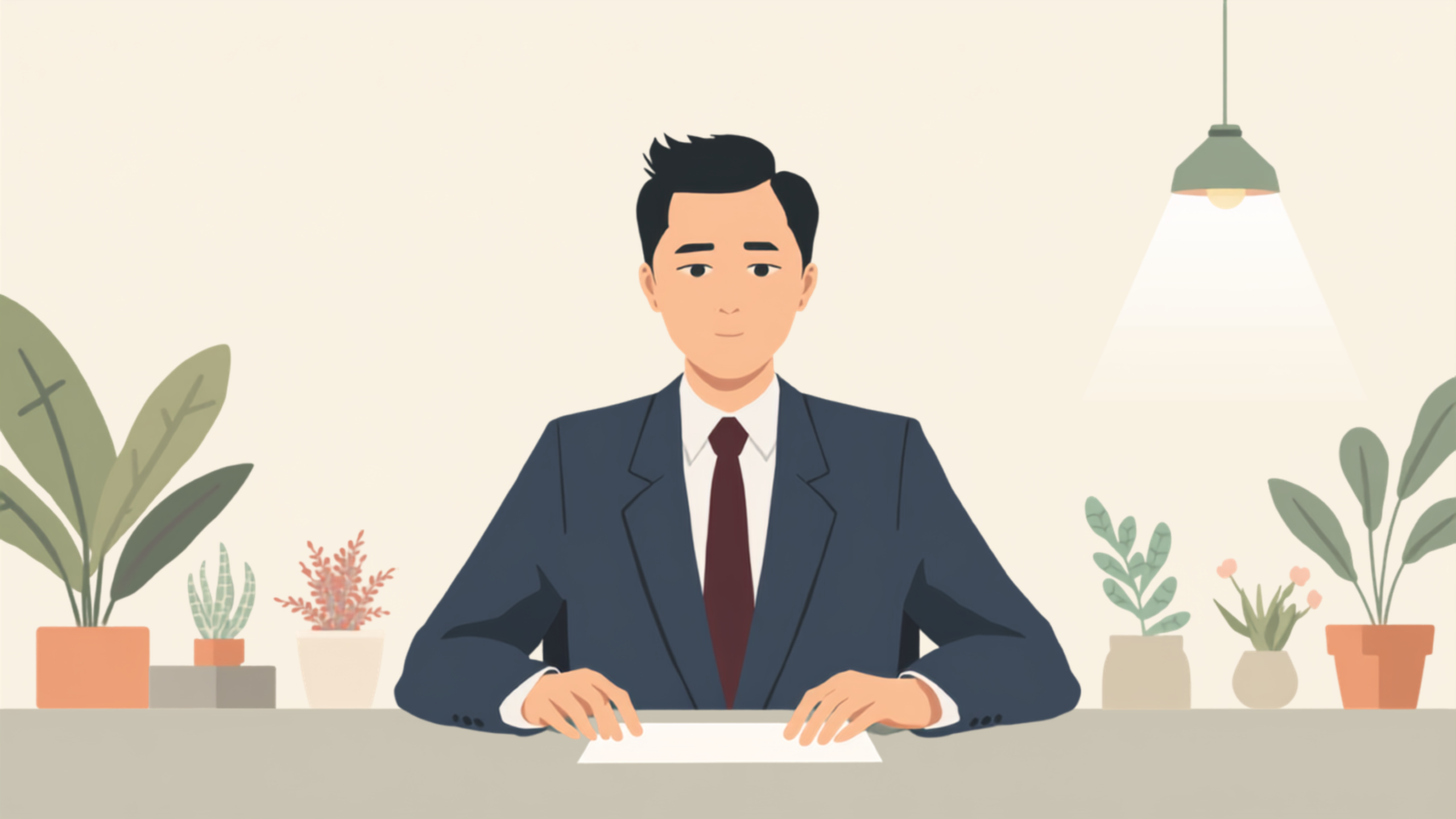 経営者が机に向かい、手元の一枚の書類に手を添えて静かに考えているイラスト