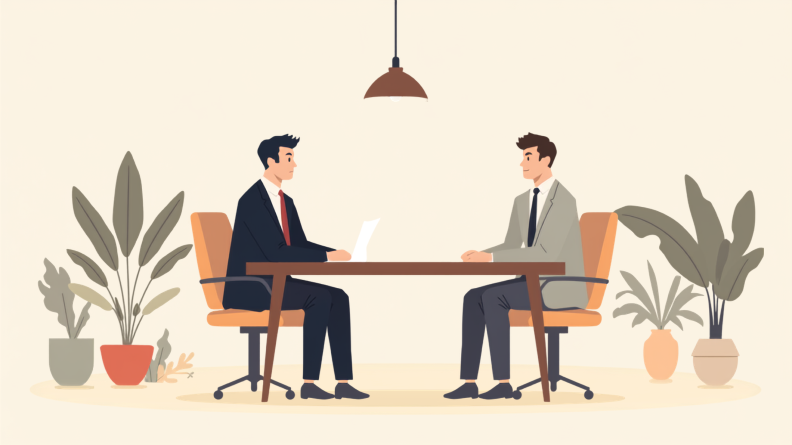 広い office の一角で、経営者と若い担当者が机をはさんで穏やかに話しているイラスト