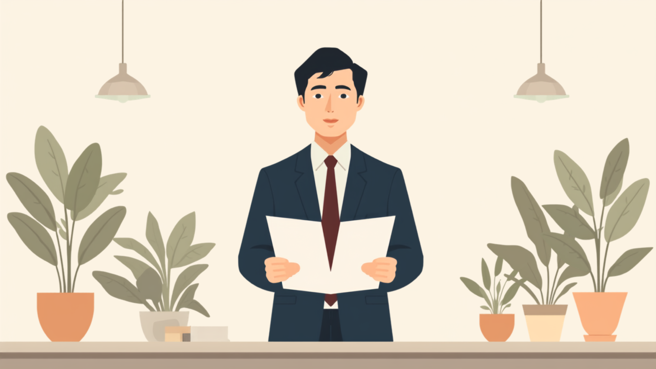 経営者が手にした資料に目を落としてから、次の一歩へ向かって落ち着いて前を向いているイラスト