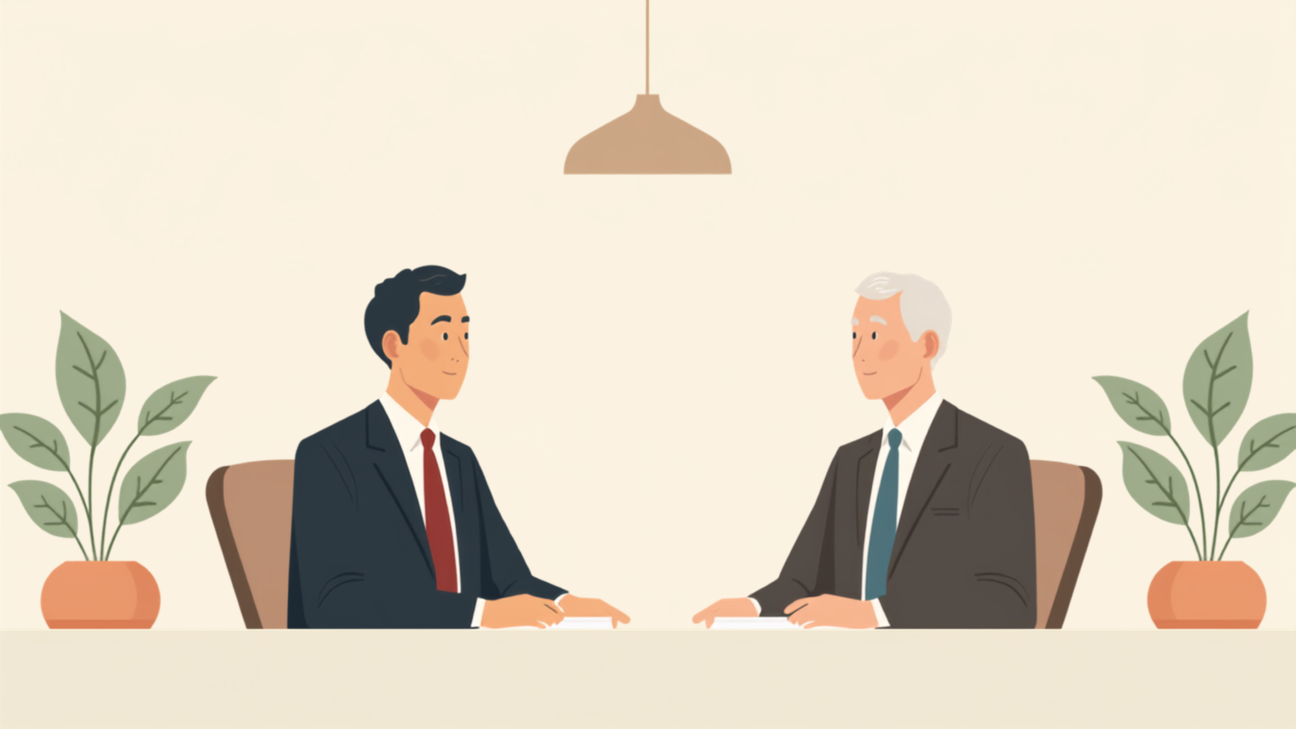 資料を置かない片づいた机をはさんで、経営者と税理士が互いの顔を見て穏やかに語り合っているイラスト