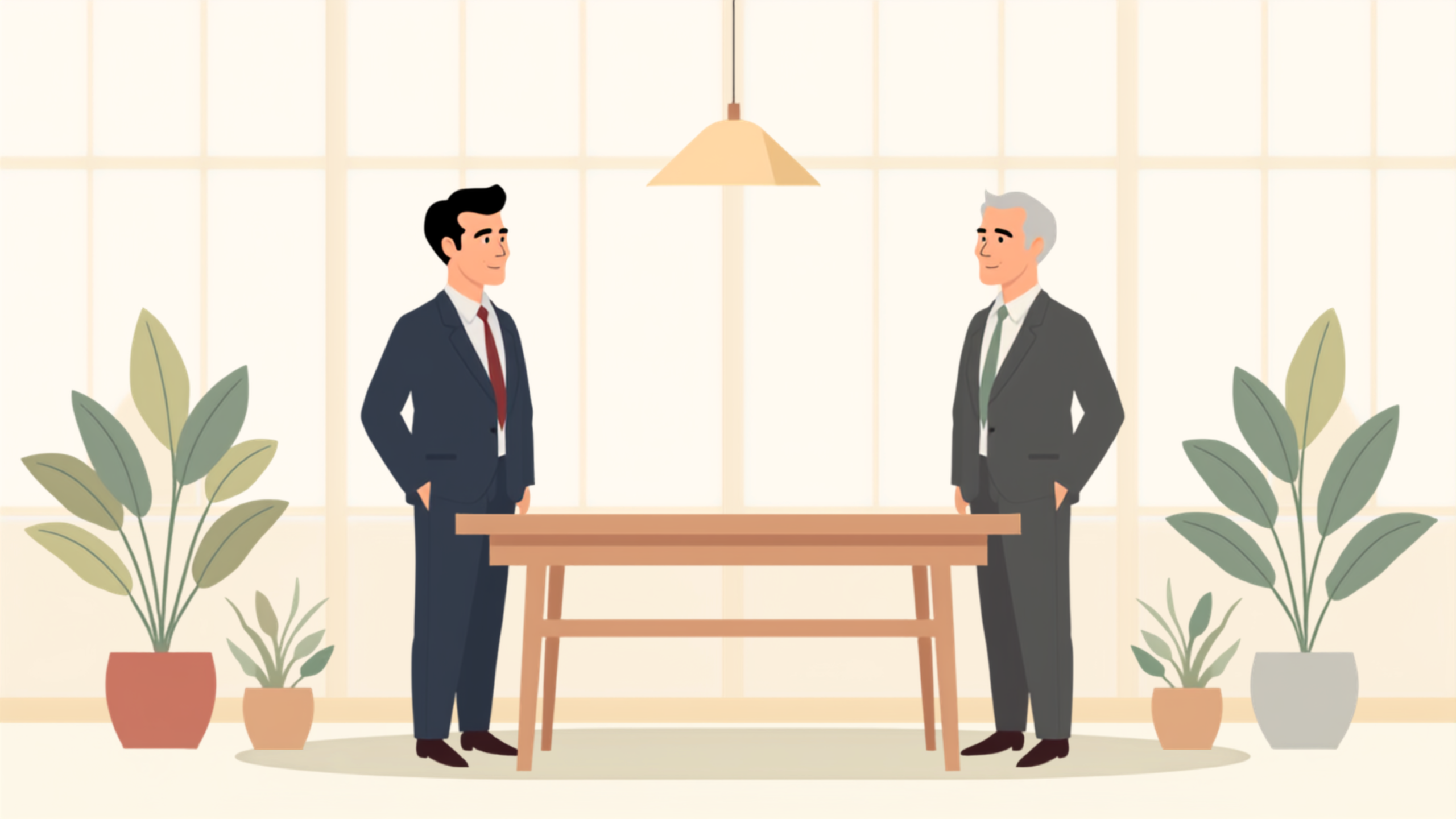 明るい窓のある片づいたオフィスで、経営者と税理士が机の傍らで穏やかに向き合っているイラスト