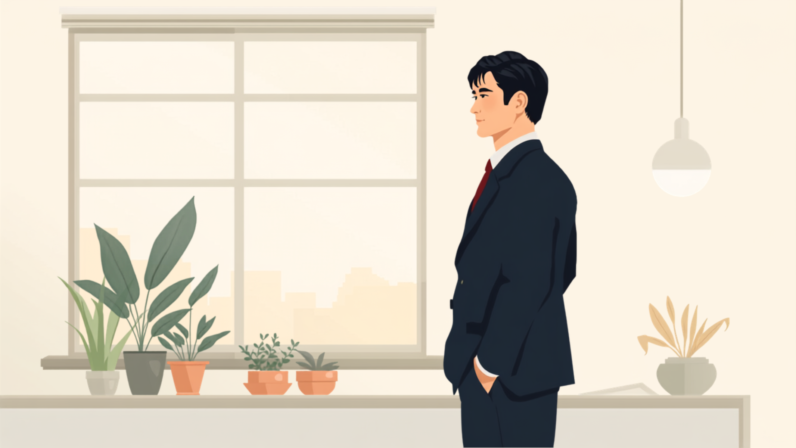 経営者が片づいた机の傍で窓のほうを向き、外の明るい光に目を向けて静かに考えているイラスト
