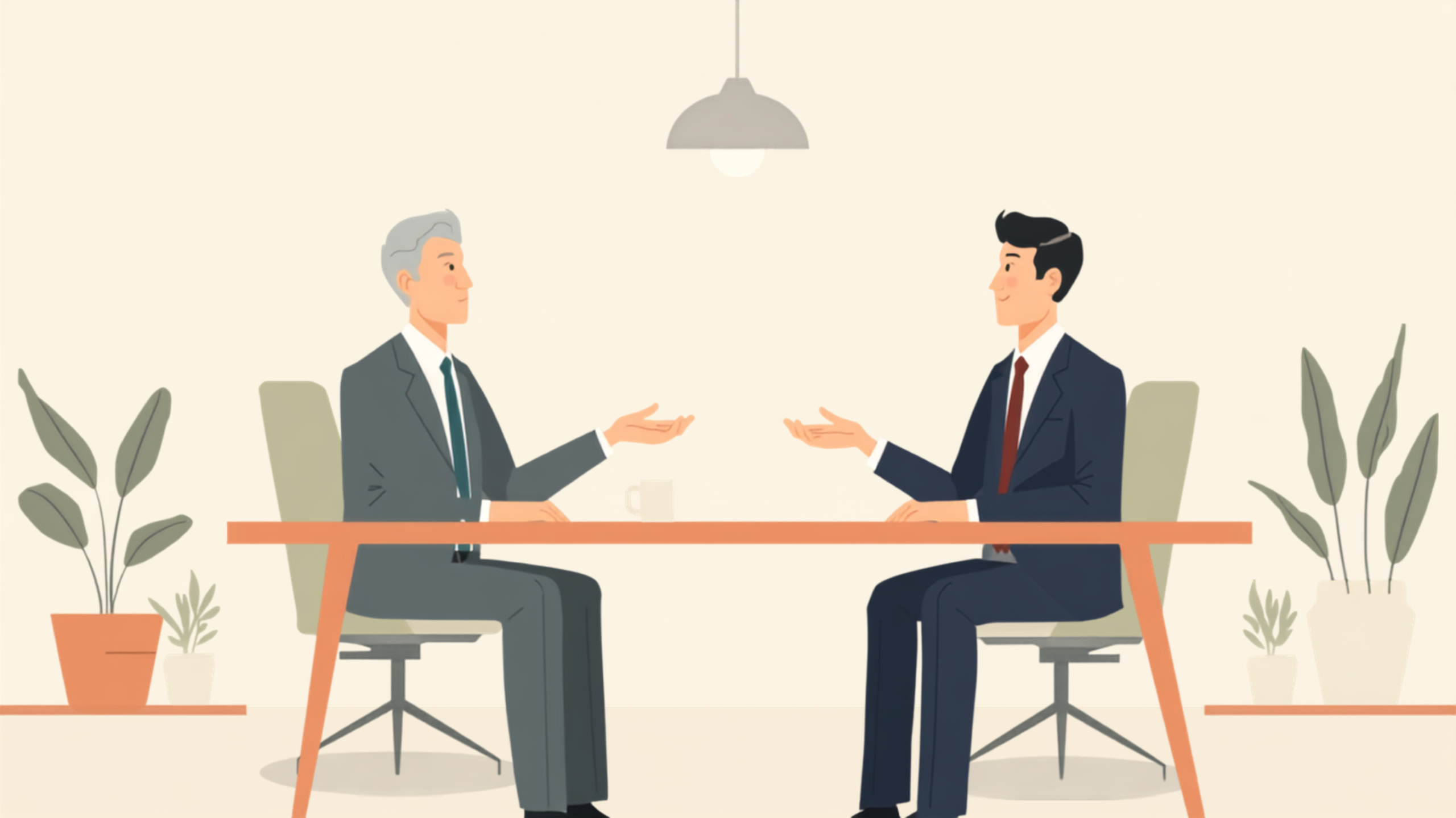 机をはさんで、年配の税理士が手のひらを上に向けて穏やかに説明し、経営者が納得して表情をやわらげているイラスト