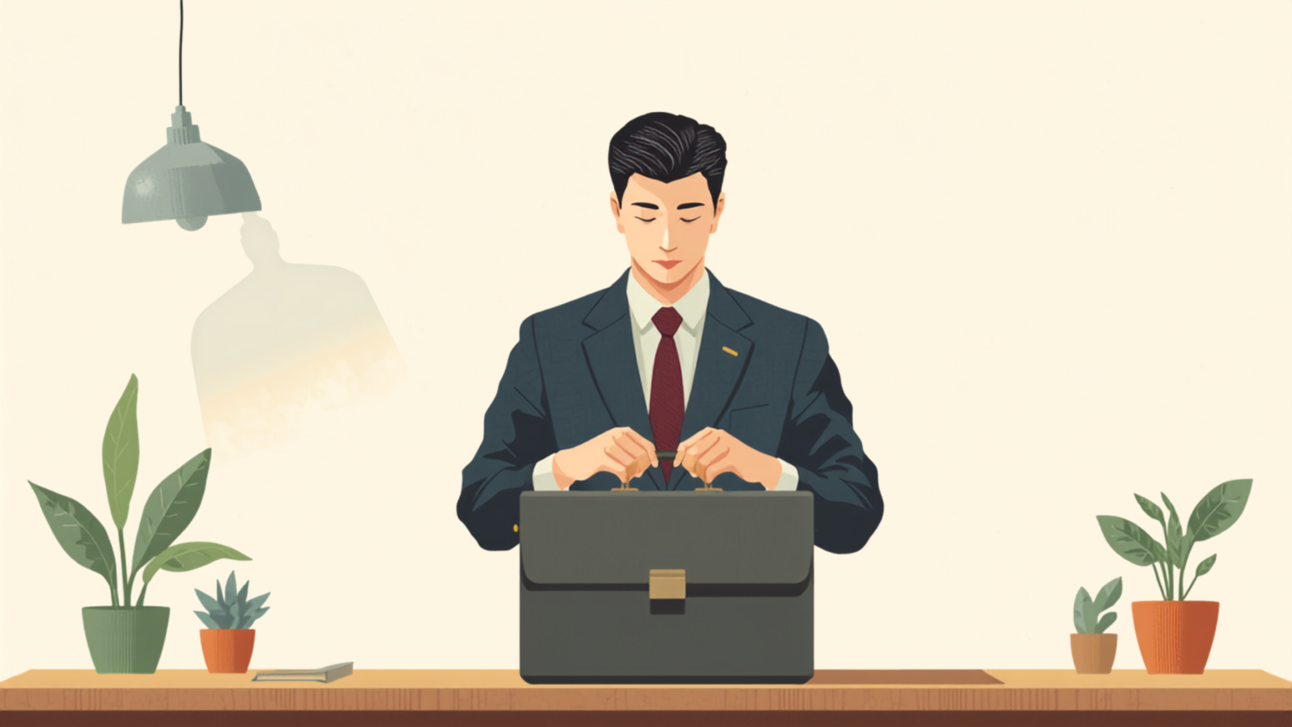 経営者が机の上に置いたブリーフケースの留め具を丁寧に確かめているイラスト