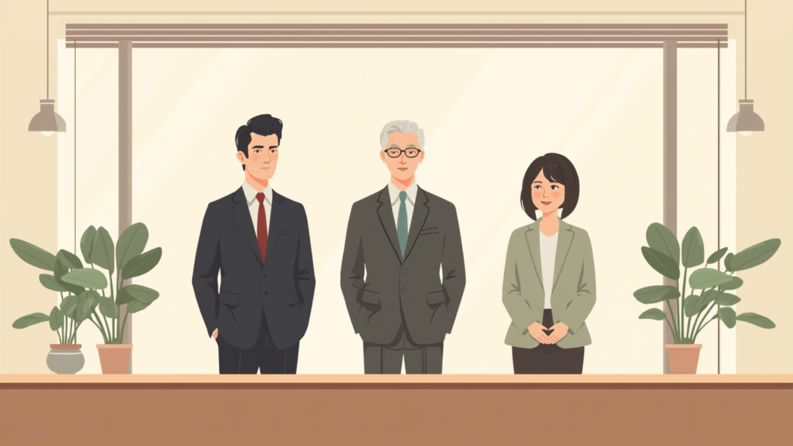 明るい窓のあるオフィスで、経営者・年配の税理士・担当者の三人が片づいた机の傍らに立ち、これから進む方向を静かに確かめ合っているイラスト