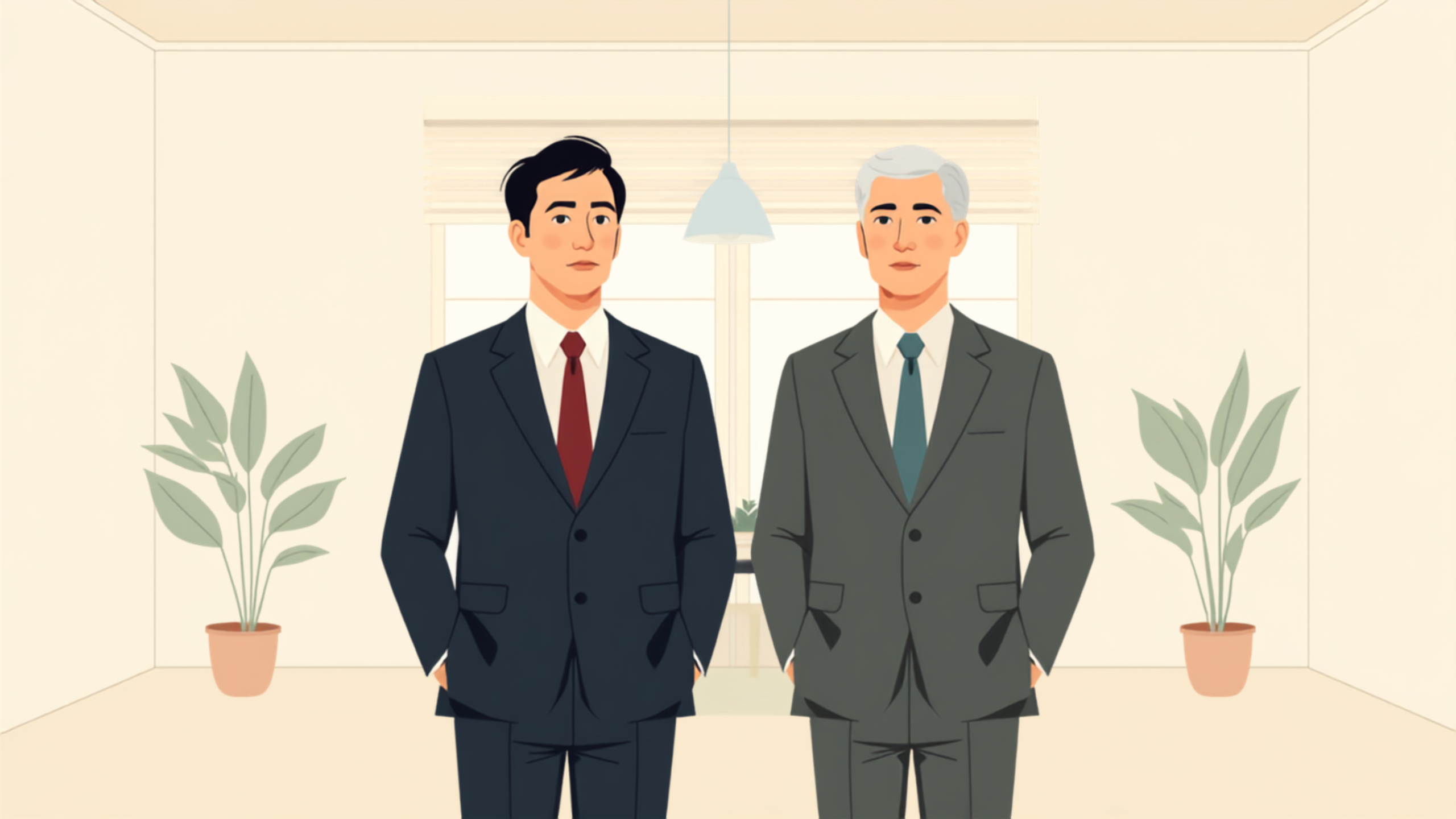 明るい窓のあるオフィスで、経営者と年配の税理士が肩を並べて立ち、同じ方向を静かに見ているイラスト