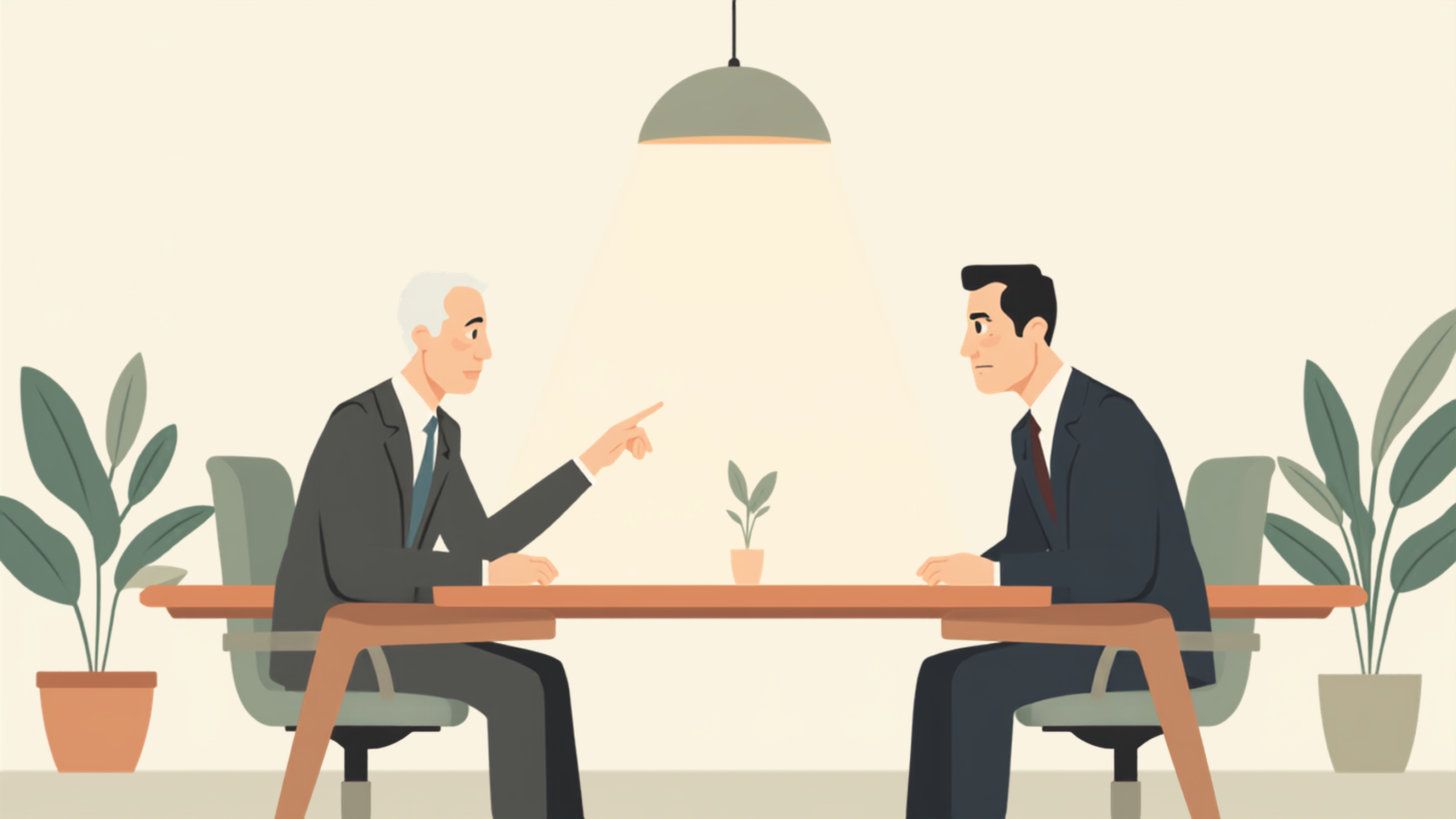 机をはさんで、年配の税理士が机上の一点を指先で静かに示し、経営者がそこを見ているイラスト