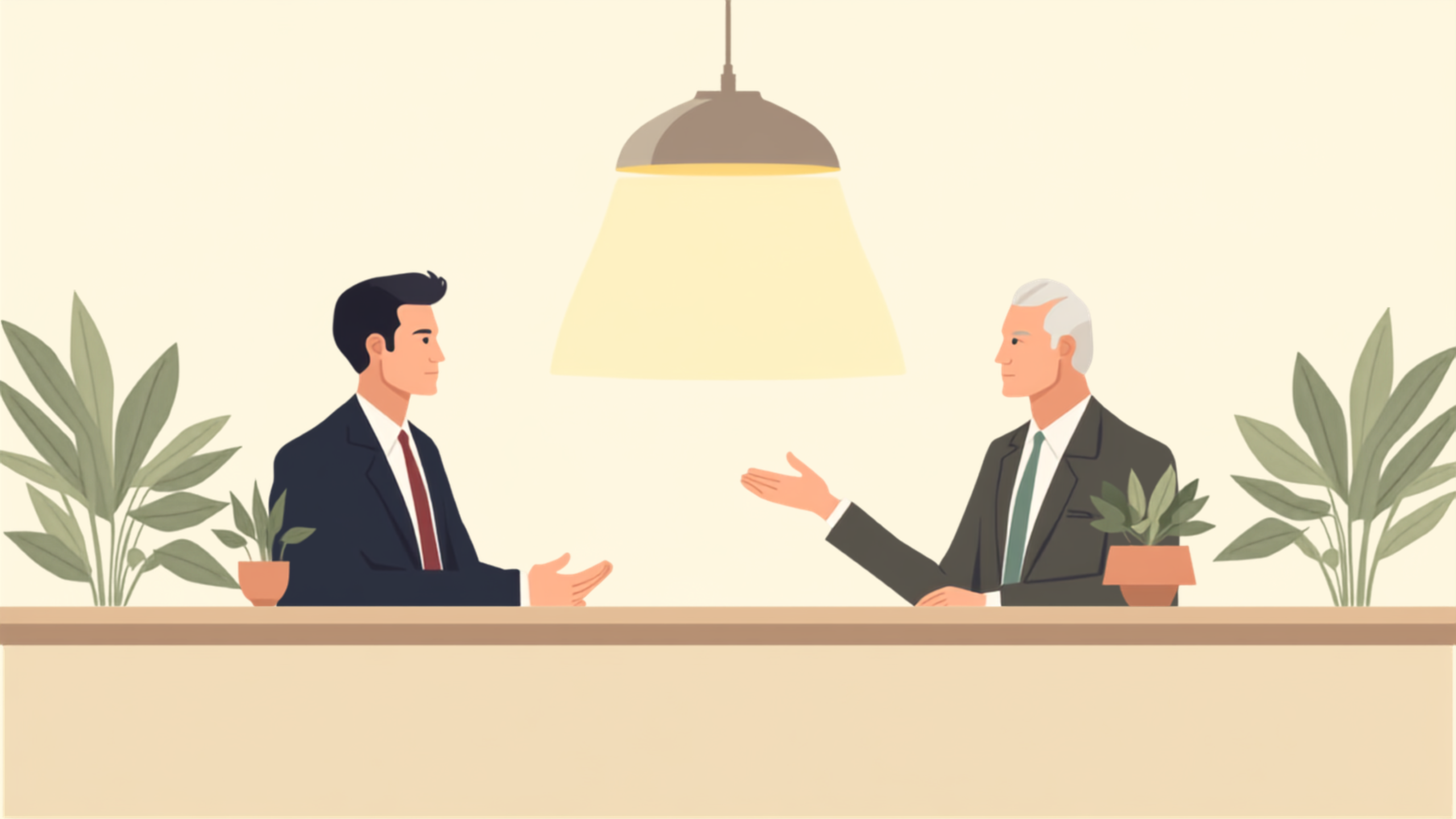 カウンター越しに経営者と税理士が静かに向き合い、互いに手を差し出して話し始める場面のイラスト
