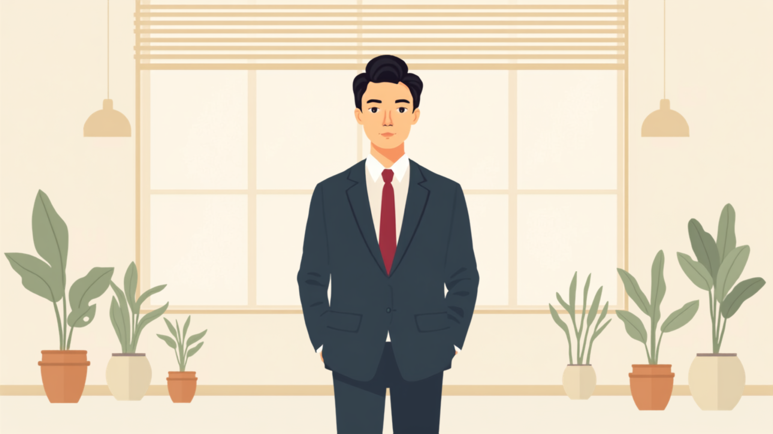 明るいオフィスに一人で立ち、落ち着いた表情で前を見据える経営者のイラスト