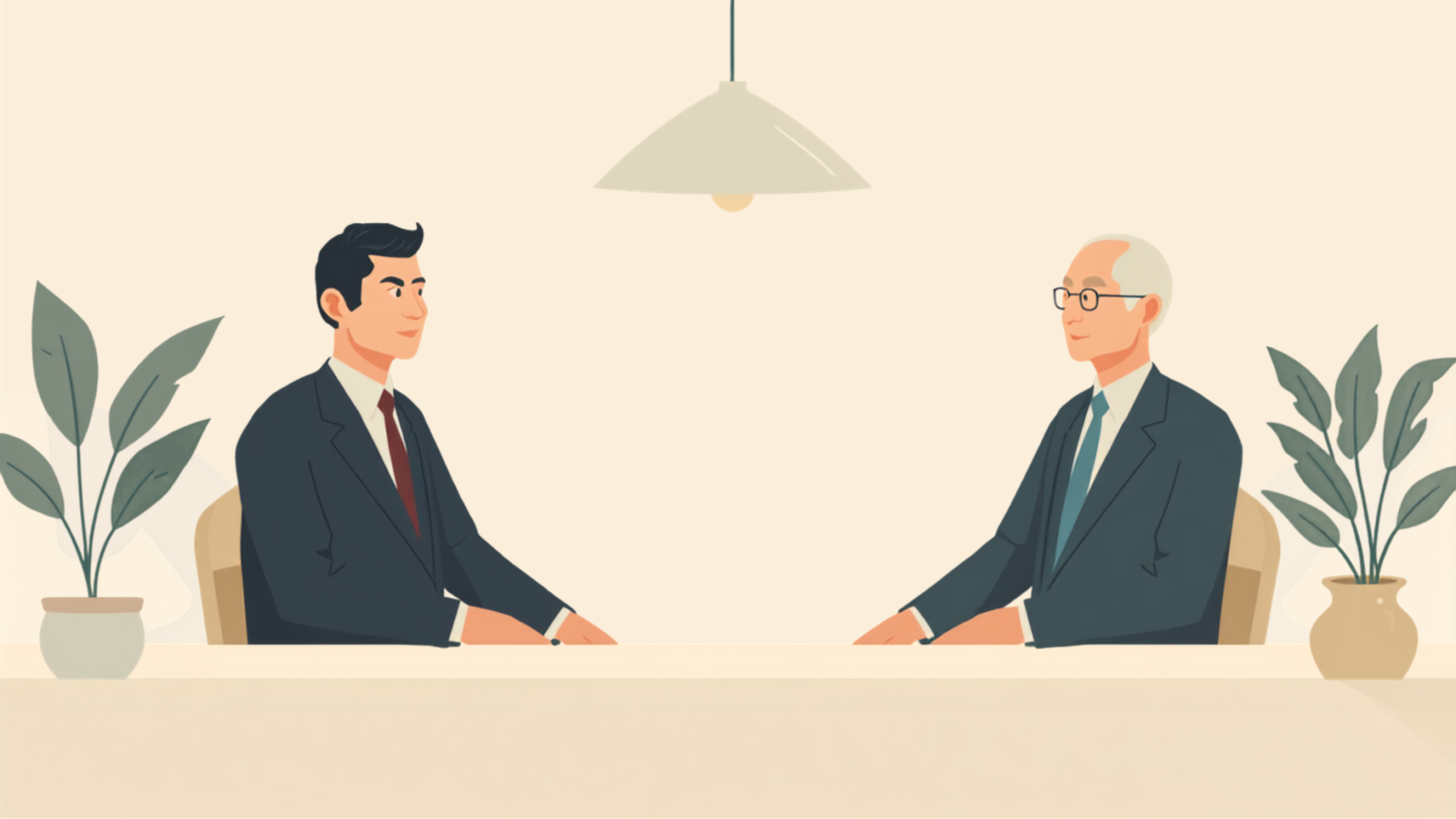 何も置かれていないテーブルを挟み、経営者と年配の税理士が向かい合って対話する場面のイラスト