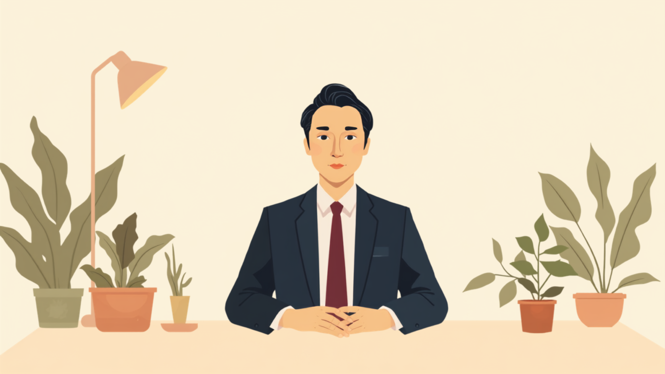 机に手を組み、静かに考えを整理している経営者のイラスト
