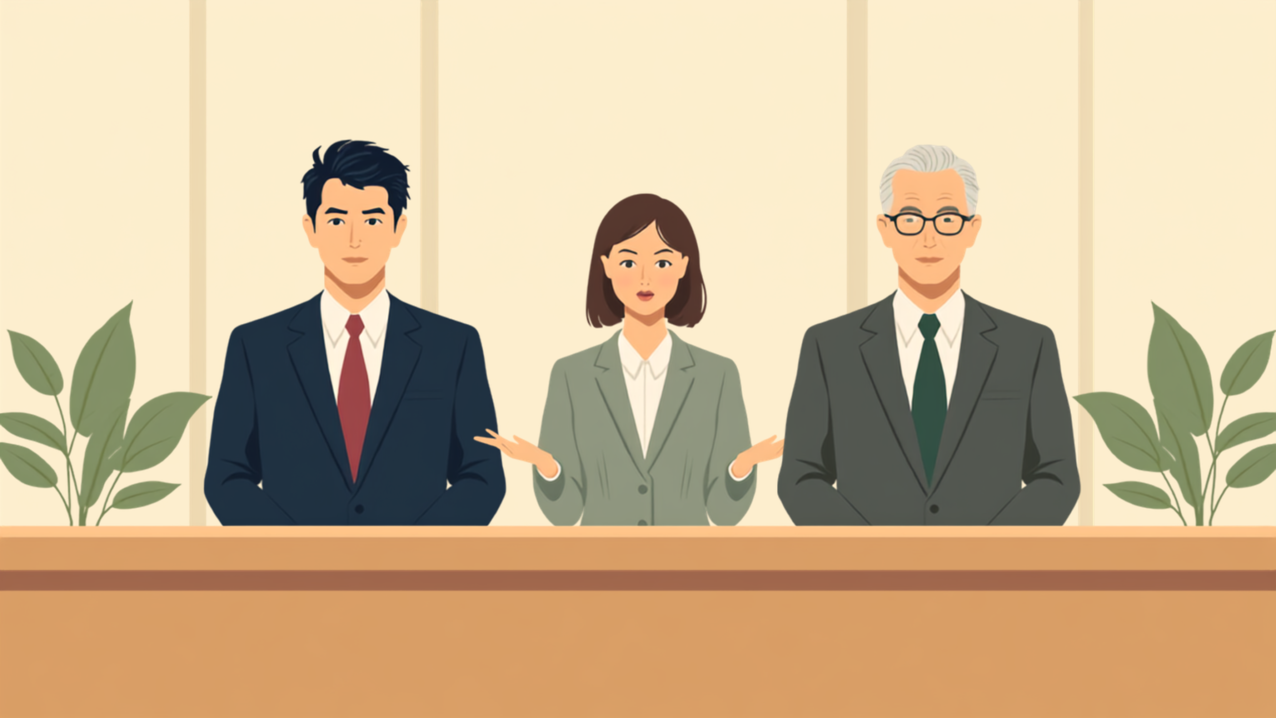 経営者と税理士のあいだに立ち、双方へ手を差し出して橋渡しをする担当者のイラスト