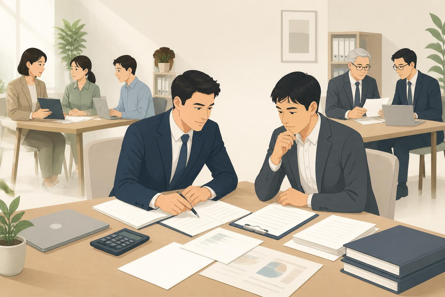 机をはさんで向かい合って座り、税理士・社労士・公認会計士の業務内容の違いを整理している