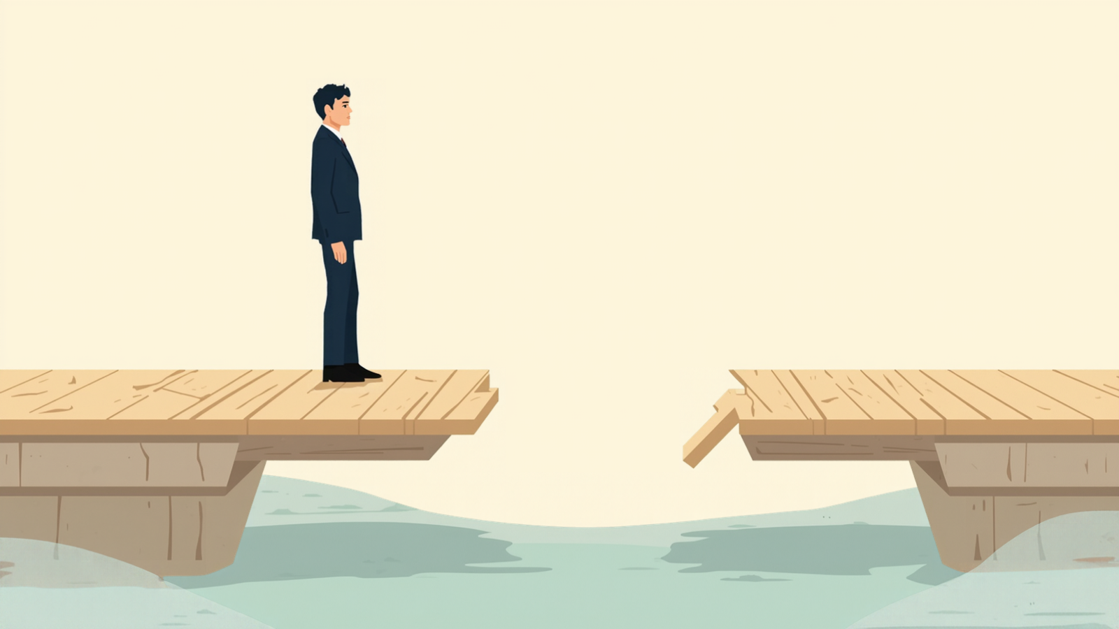 途中で途切れた木の橋の手前に立ち、向こう岸を見つめている個人事業主