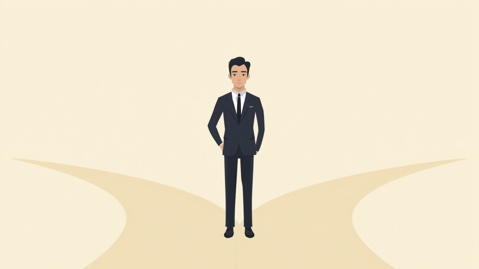 二手に分かれた道の分かれ目に立ち、どちらへ進むかを考えている個人事業主