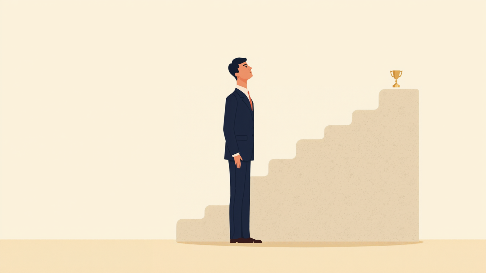 石の階段の下に立ち、いちばん上に置かれた金色のトロフィーを見上げている個人事業主
