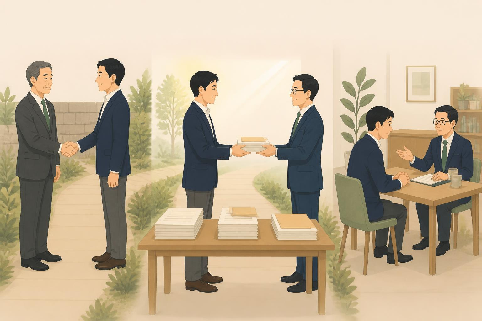 顧問税理士の解約・引き継ぎ・新たな契約までの流れをまとめたイラスト