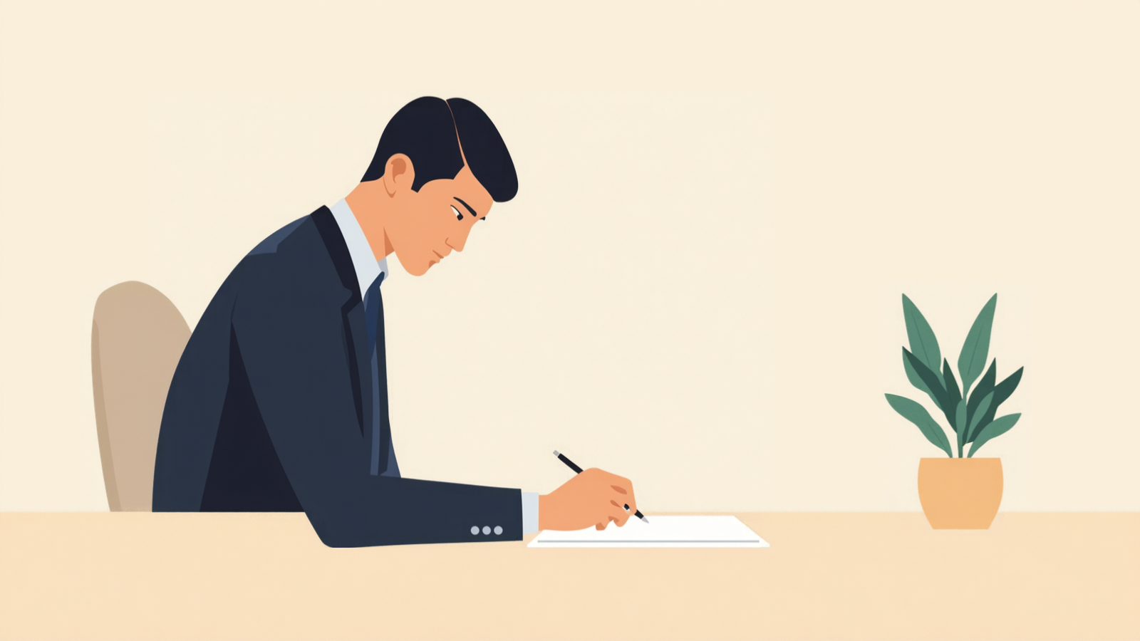 経営者が机に向かって座り、白い紙にペンで書き込んでいるイラスト