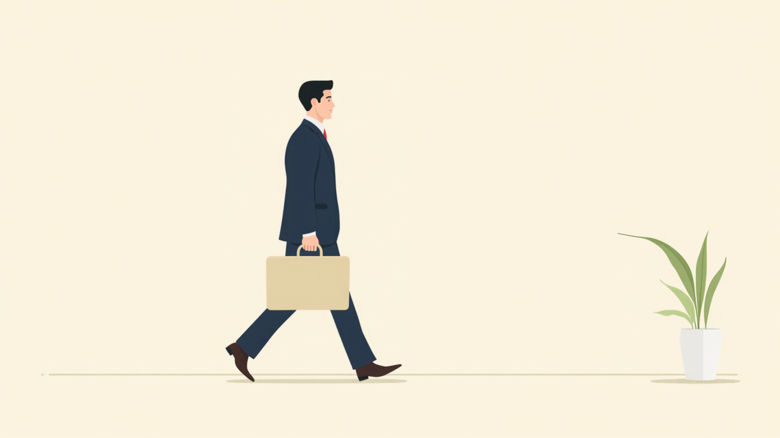 濃紺のスーツの経営者が、かばんを手に提げてオフィスを歩いて出ていくイラスト
