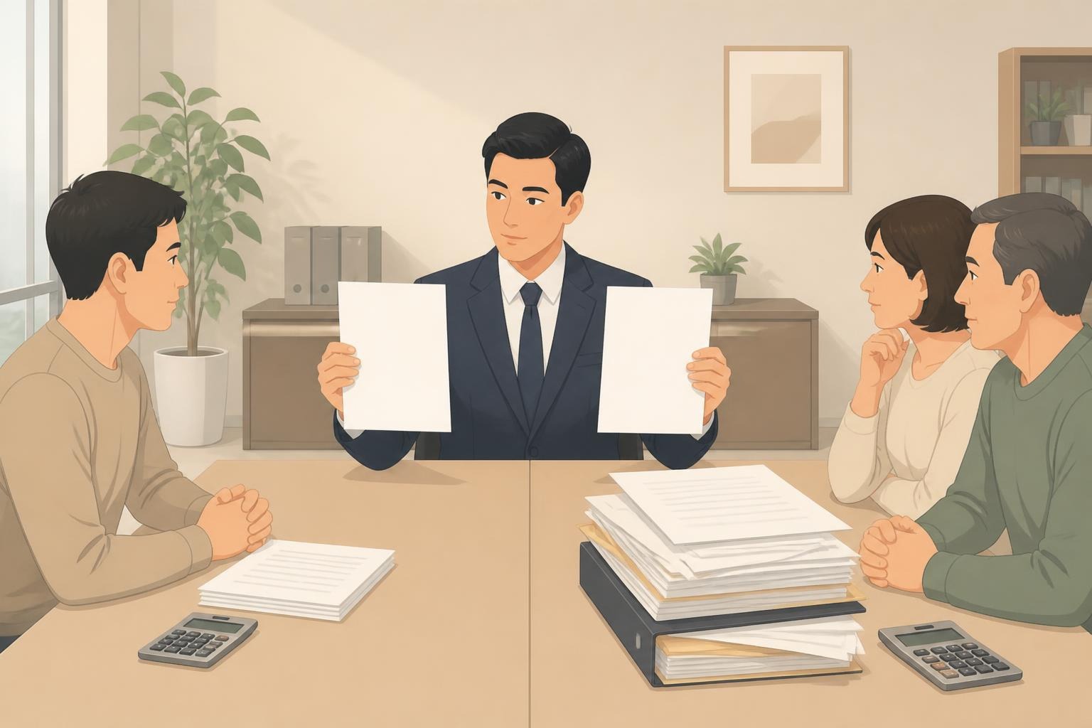 税理士に税務相談をしている経営者とその家族