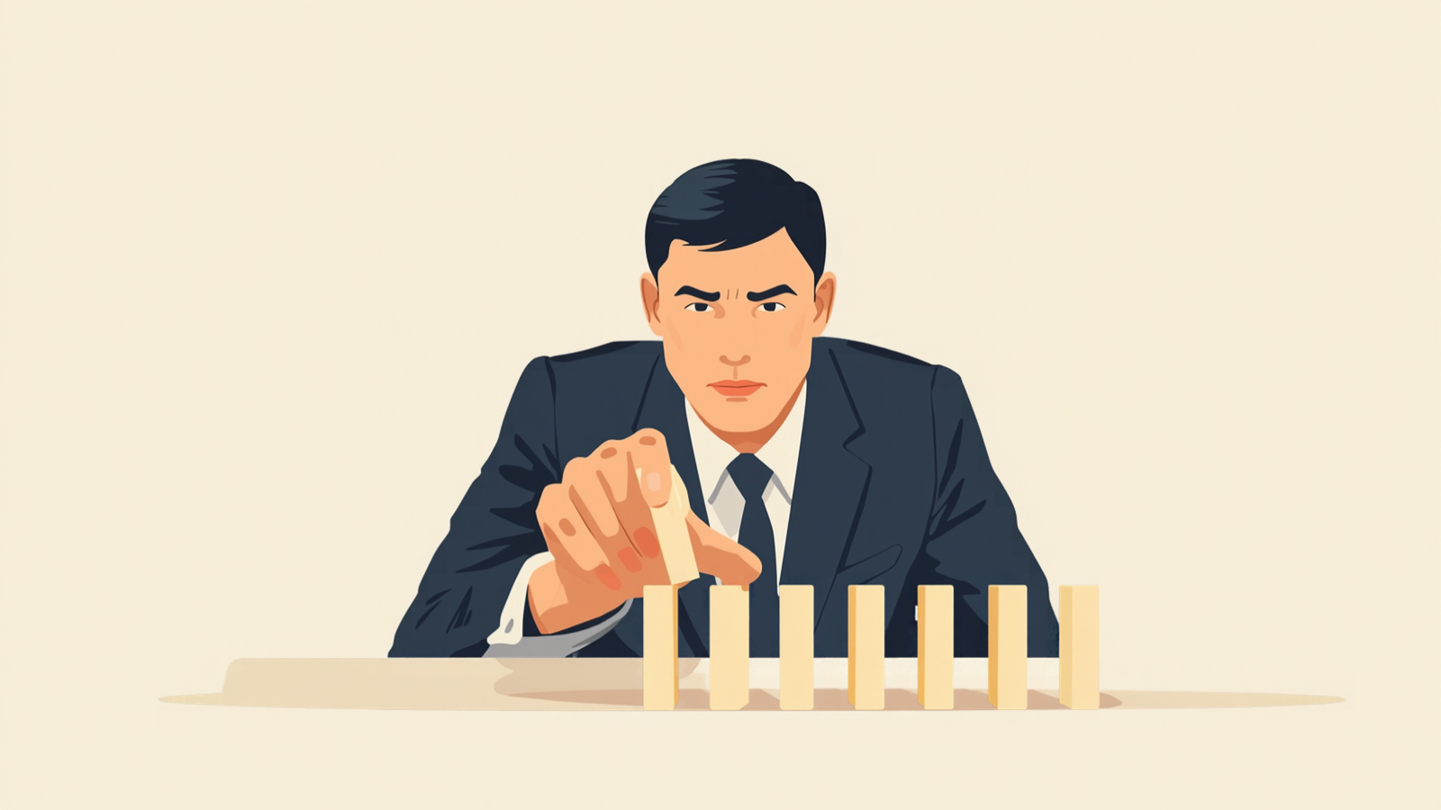 一列に並んだ木の板が倒れかけたところを、指先で支えて止めている経営者