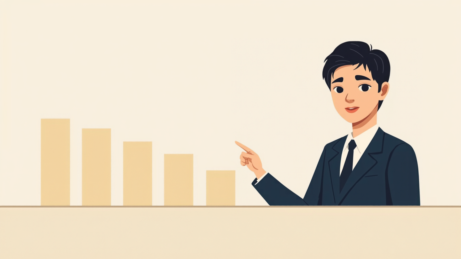 高さの違う無地の柱が並ぶ前で、いちばん低い柱を指さしている経営者