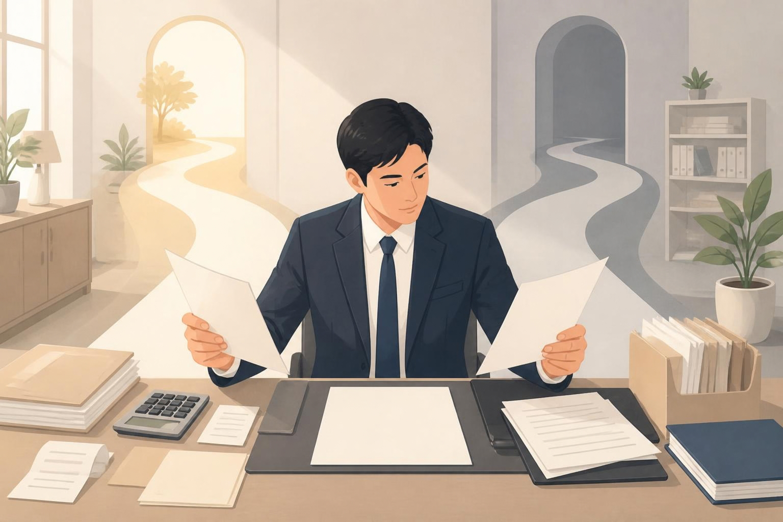 机に向かって座り、ダブルマスター税理士の違いを整理している経営者