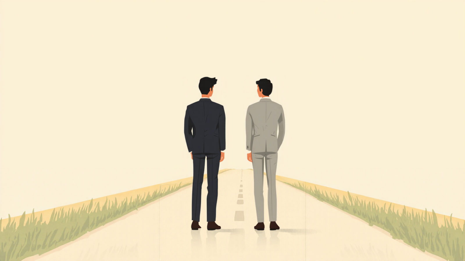 遠くまで続く一本道の先を、並んで眺めている経営者と若い税理士の後ろ姿